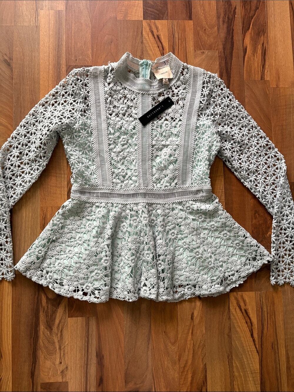 I. Madeline Woman’s Crochet Lace Peplum Blouse in Mint Green Size M NWT